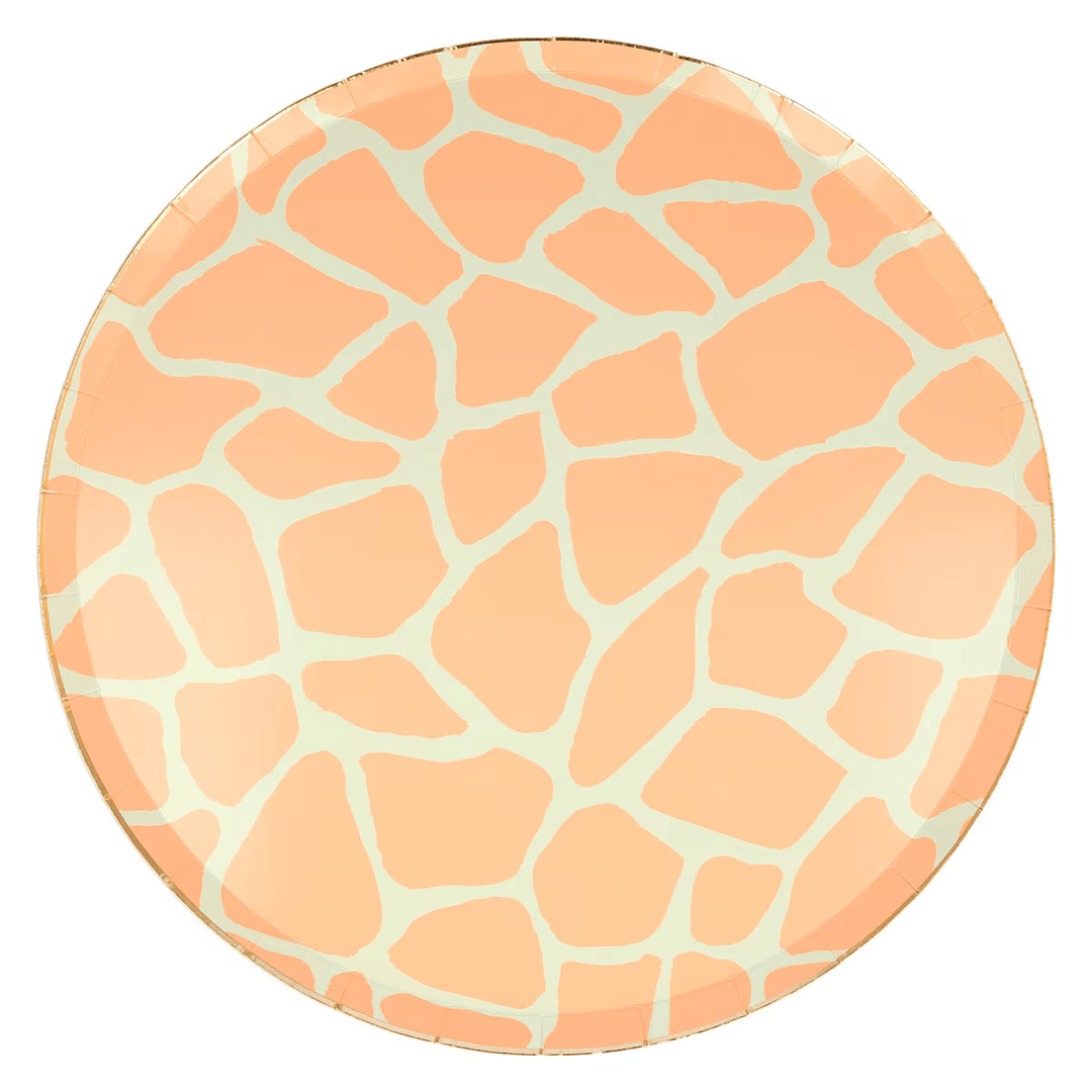 Orange giraffe print paper plate for safari theme from Parte Haus party supply store in Bethesda MD