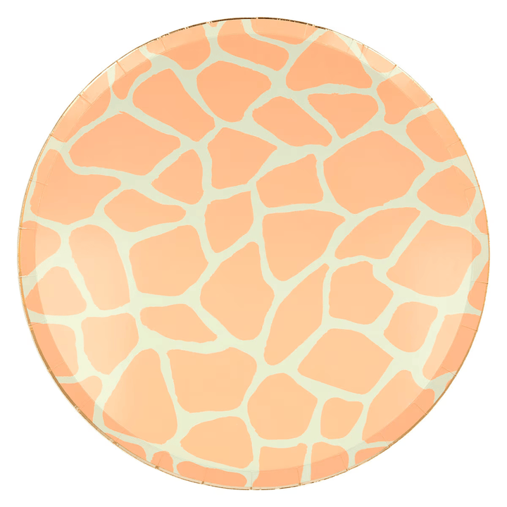 Orange giraffe print paper plate for safari theme from Parte Haus party supply store in Bethesda MD