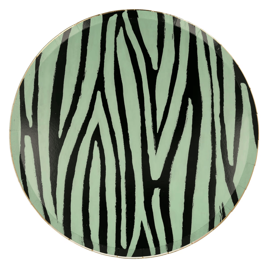 Green zebra print plate with black stripes for wild birthday theme from Parte Haus party supply store in Bethesda MD