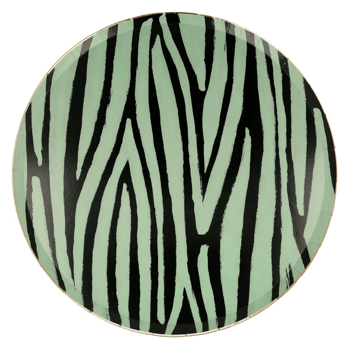 Green zebra print plate with black stripes for wild birthday theme from Parte Haus party supply store in Bethesda MD