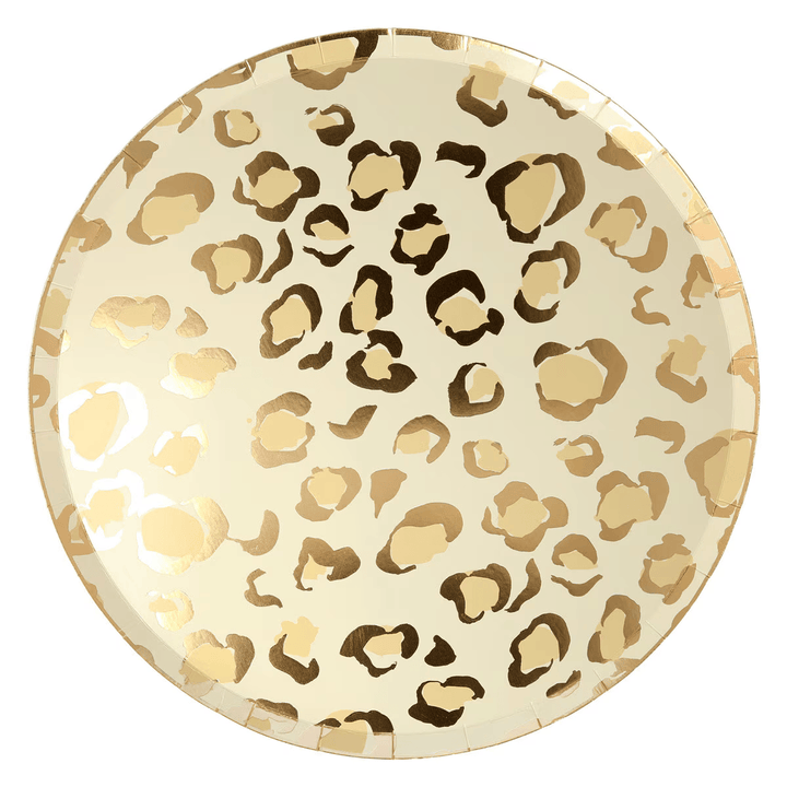 Gold leopard print plate with shiny finish for animal print celebrations from Parte Haus party supply store in Bethesda MD