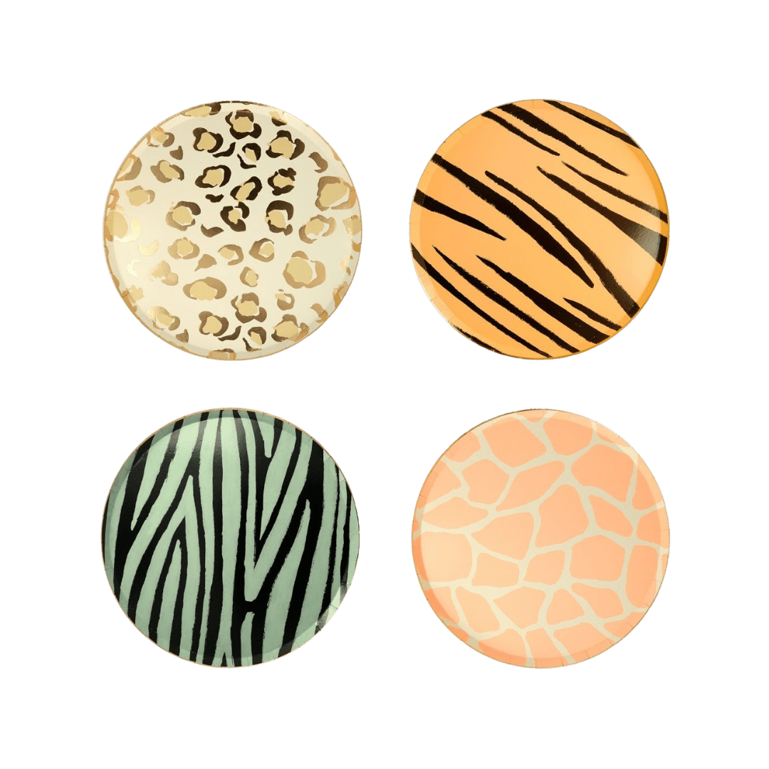 Assorted animal print plates with leopard zebra tiger and giraffe designs safari theme from Parte Haus party supply store in Bethesda Maryland