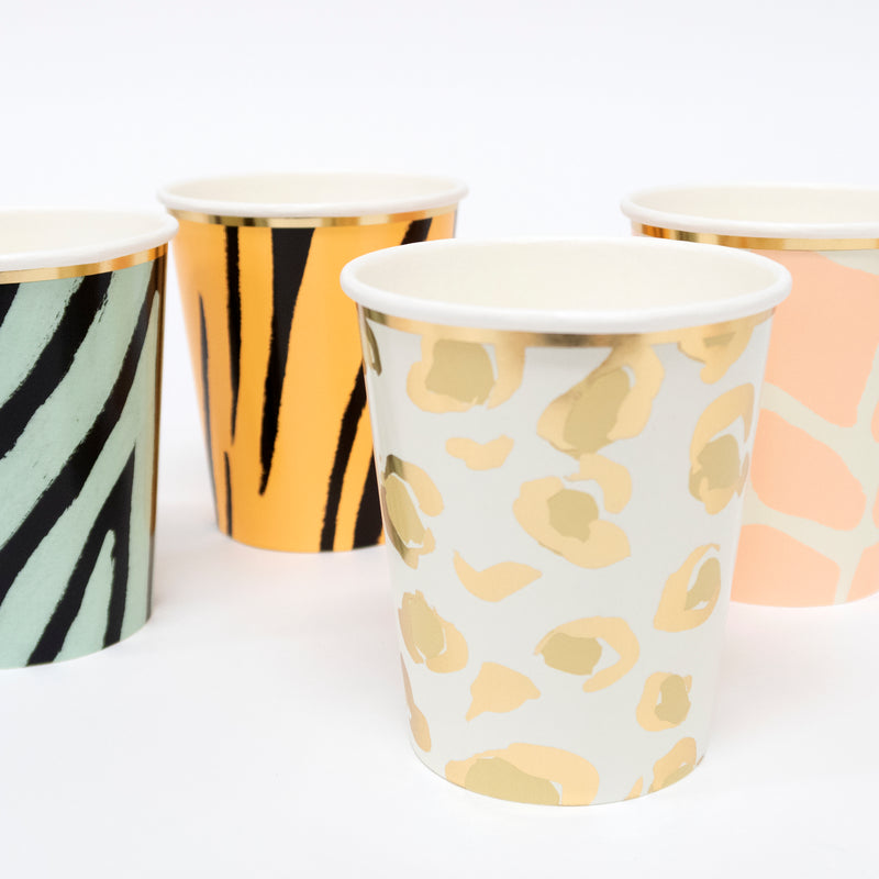 Gold and pastel animal print paper cups for safari theme from Parte Haus party supply store in Bethesda Maryland