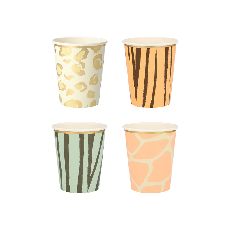 Multicolor animal print paper cups with safari patterns for birthday from Parte Haus party supply store in Bethesda MD
