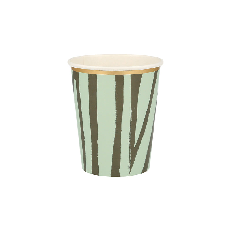 Green and gold paper cup with striped design for birthday from Parte Haus party supply store in Bethesda Maryland