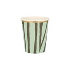 Green and gold paper cup with striped design for birthday from Parte Haus party supply store in Bethesda Maryland