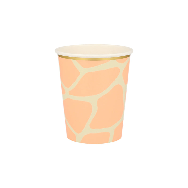 Peach giraffe print paper cup with gold rim for safari birthday from Parte Haus party supply store in Bethesda Maryland