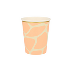 Peach giraffe print paper cup with gold rim for safari birthday from Parte Haus party supply store in Bethesda Maryland
