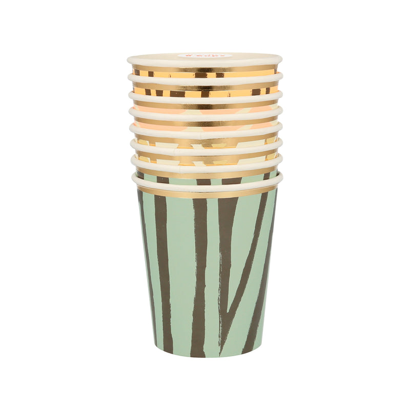 Green and gold striped paper cups set jungle theme from Parte Haus party supply store in Bethesda MD