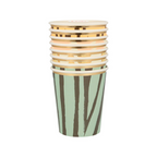 Green and gold striped paper cups set jungle theme from Parte Haus party supply store in Bethesda MD