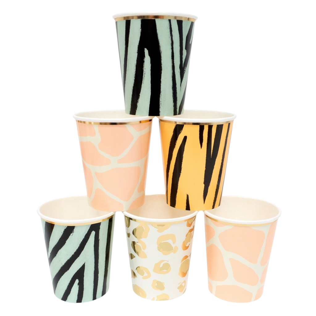 Multicolor animal print paper cups for safari birthday from Parte Haus party supply store in Bethesda Maryland