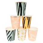 Multicolor animal print paper cups for safari birthday from Parte Haus party supply store in Bethesda Maryland