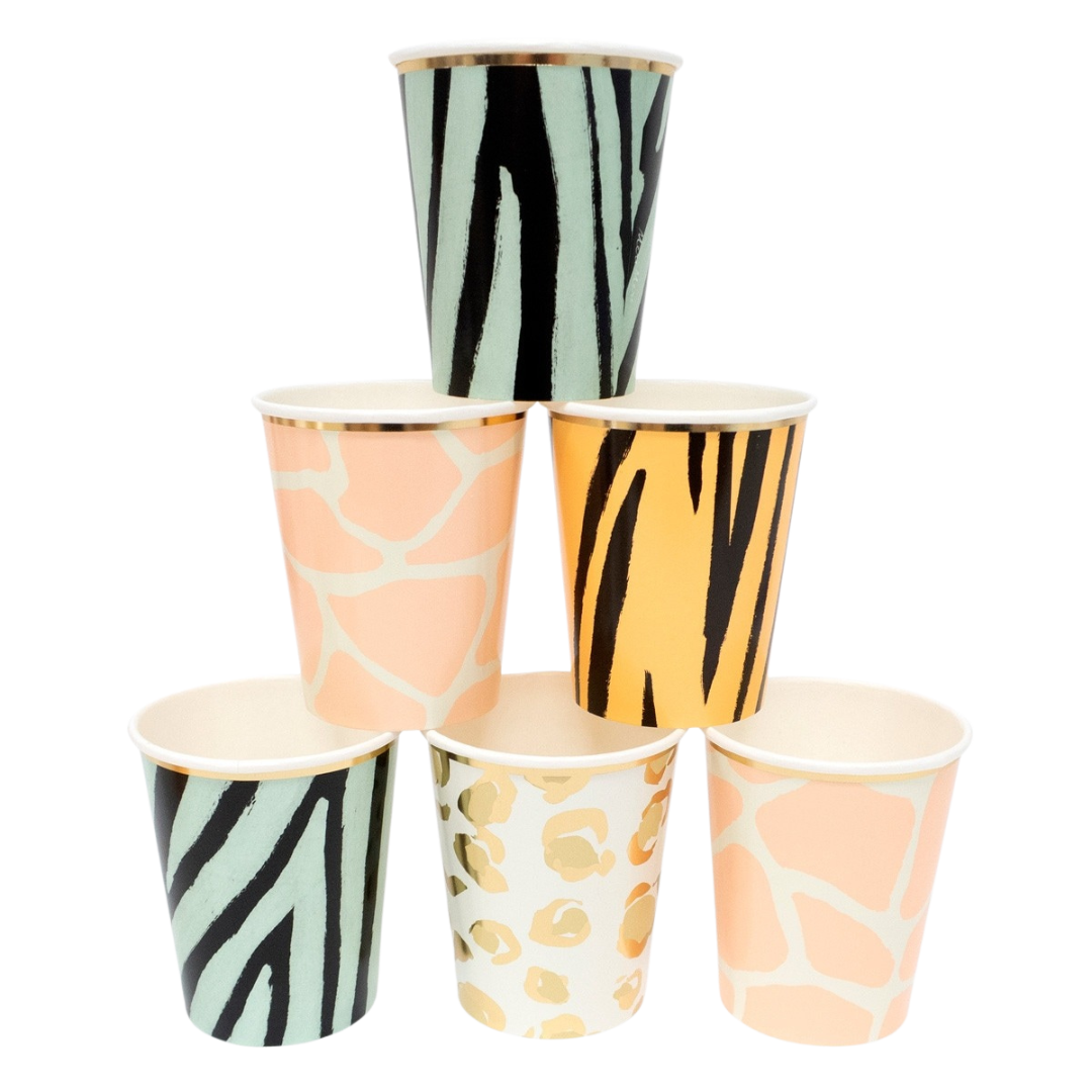 Multicolor animal print paper cups for safari birthday from Parte Haus party supply store in Bethesda Maryland