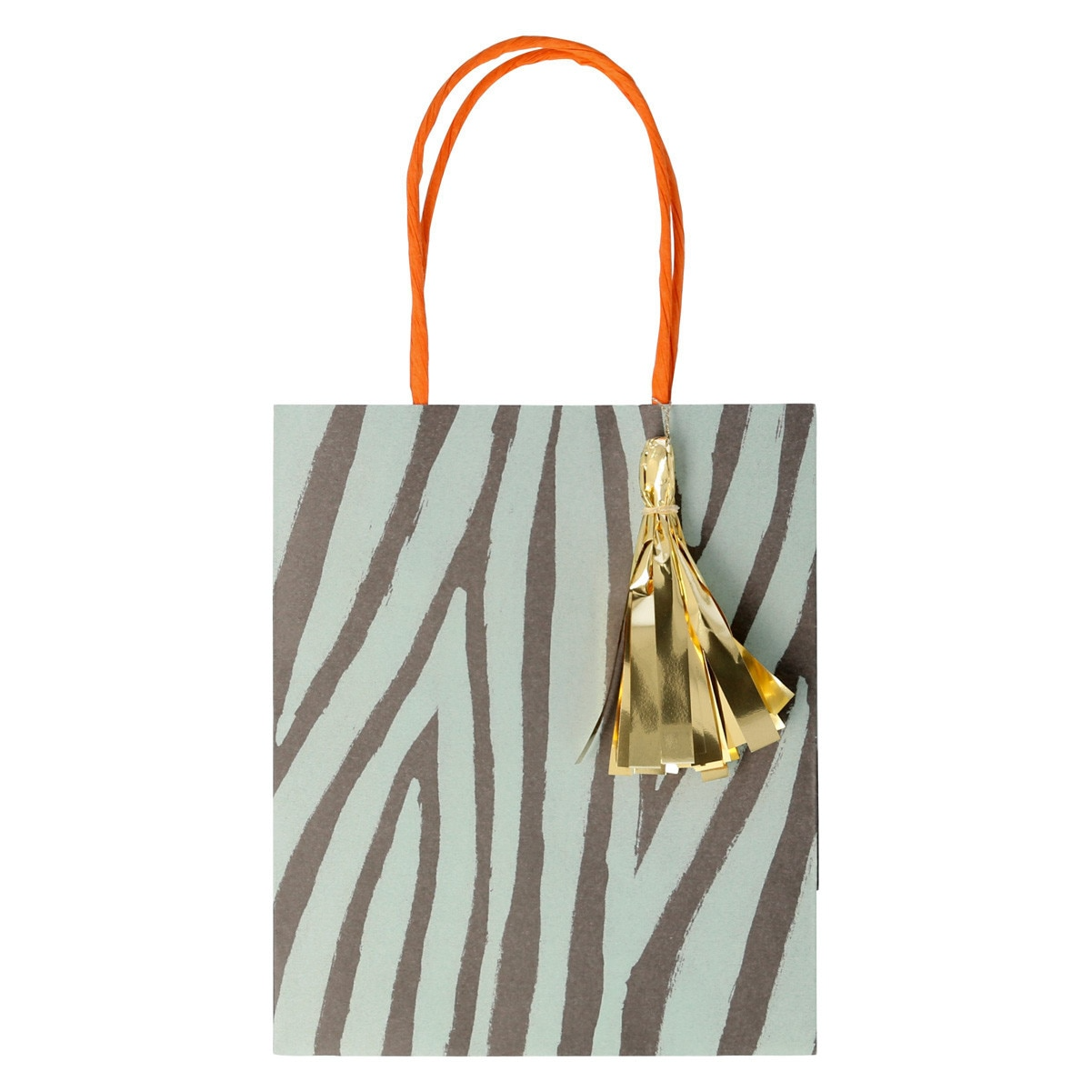 Gray zebra stripe gift bag with gold tassel birthday from Parte Haus party supply store in Bethesda MD