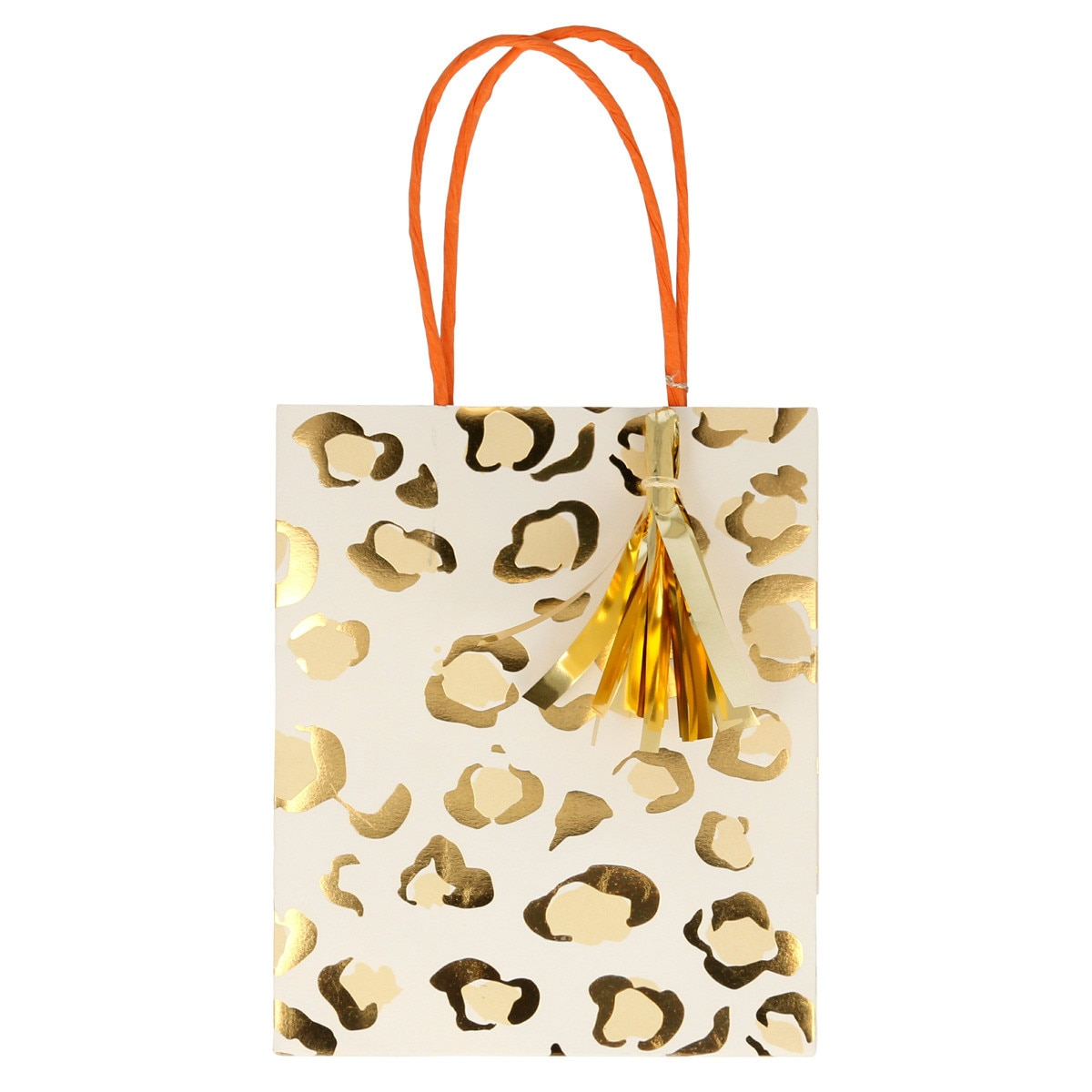 Gold leopard print gift bag with orange handles and tassel birthday celebration from Parte Haus party supply store in Bethesda Maryland