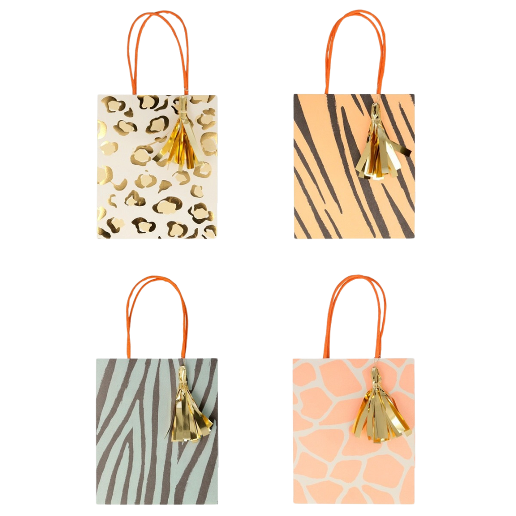 Animal print gift bags with gold tassels wild theme from Parte Haus party supply store in Bethesda MD