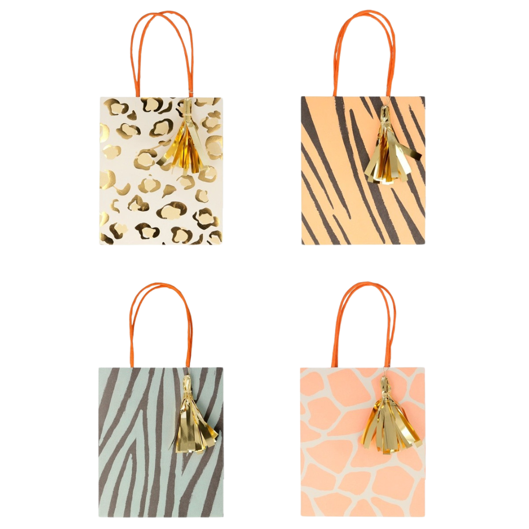 Animal print gift bags with gold tassels wild theme from Parte Haus party supply store in Bethesda MD