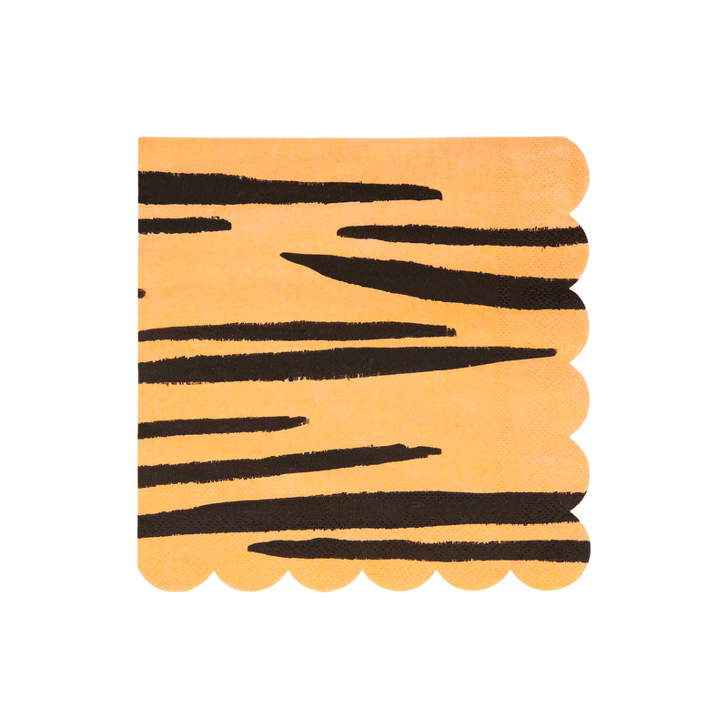 Orange tiger stripe napkin with scalloped edge for jungle theme from Parte Haus party supply store in Bethesda MD.