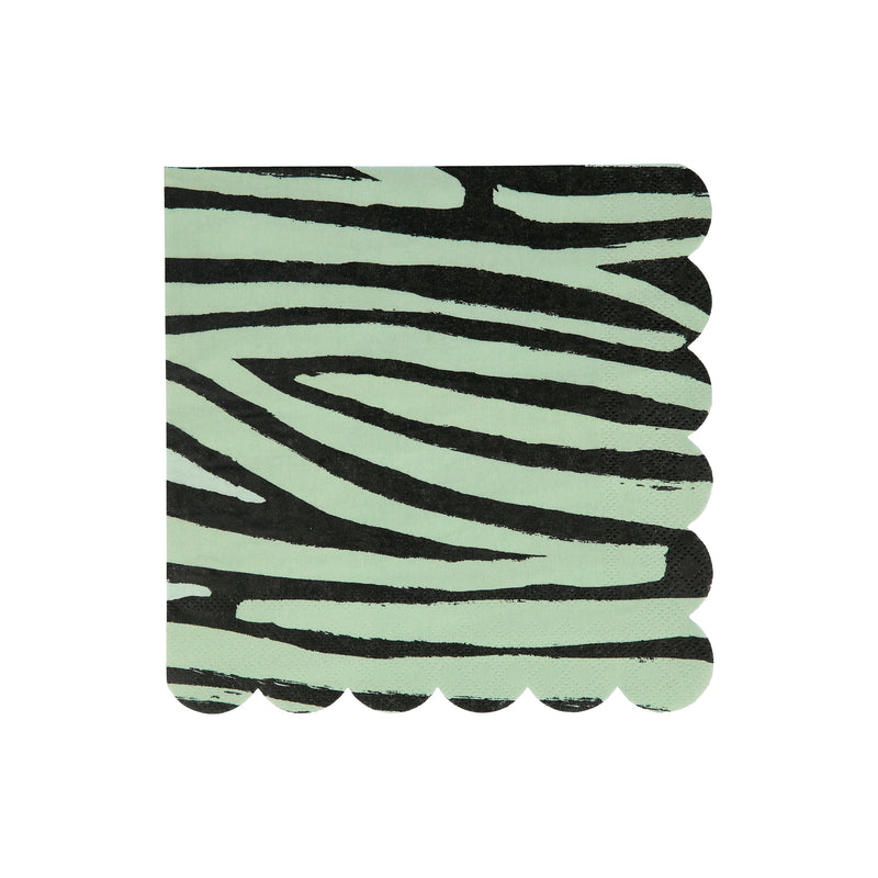 Mint green zebra print napkin with scalloped edges for jungle themed events from Parte Haus party supply store in Bethesda MD