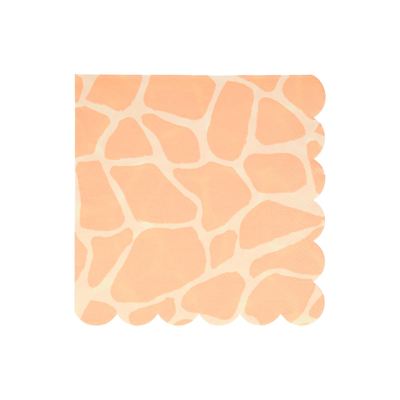 Peach giraffe print napkin with scalloped edges for safari birthday from Parte Haus party supply store in Bethesda MD