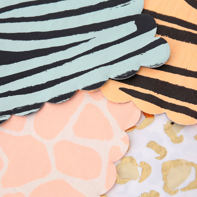 Blue peach and gold animal print napkins with scalloped edges safari theme from Parte Haus party supply store in Bethesda MD