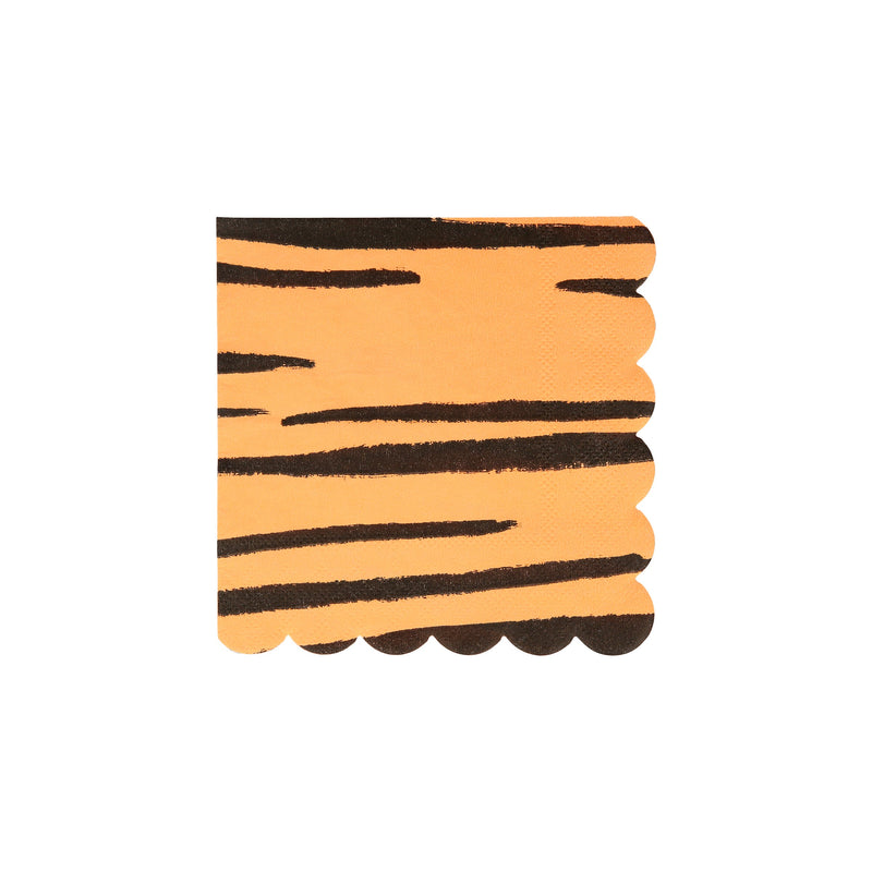Orange tiger stripe napkin with scalloped edges for animal theme from Parte Haus party supply store in Bethesda MD.