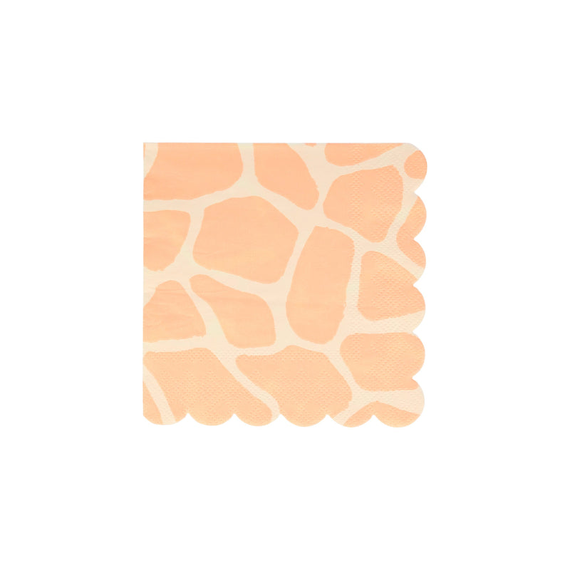 Peach giraffe print napkin with scalloped edge for safari birthday from Parte Haus party supply store in Bethesda MD.