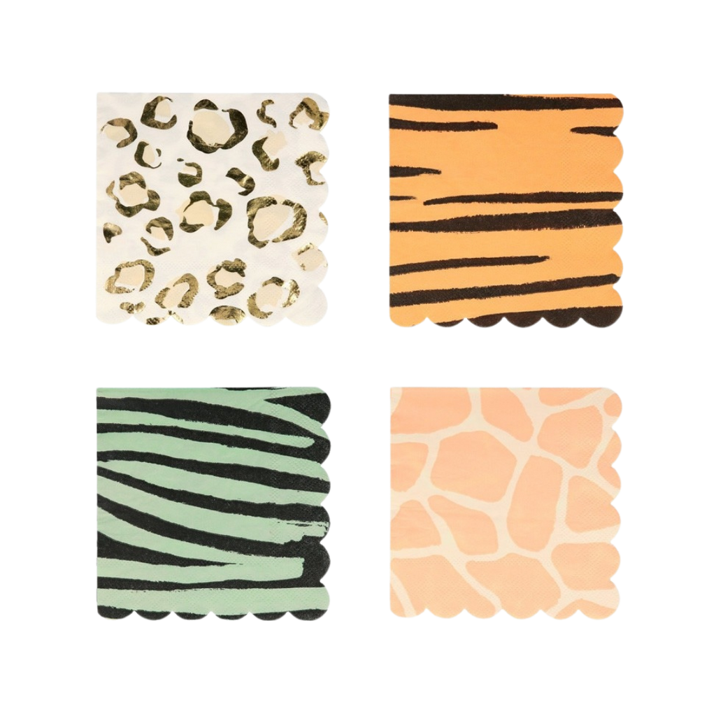 Animal print napkins with gold leopard orange tiger green zebra and peach giraffe safari theme from Parte Haus party supply store in Bethesda MD