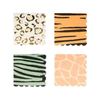 Animal print napkins with gold leopard orange tiger green zebra and peach giraffe safari theme from Parte Haus party supply store in Bethesda MD