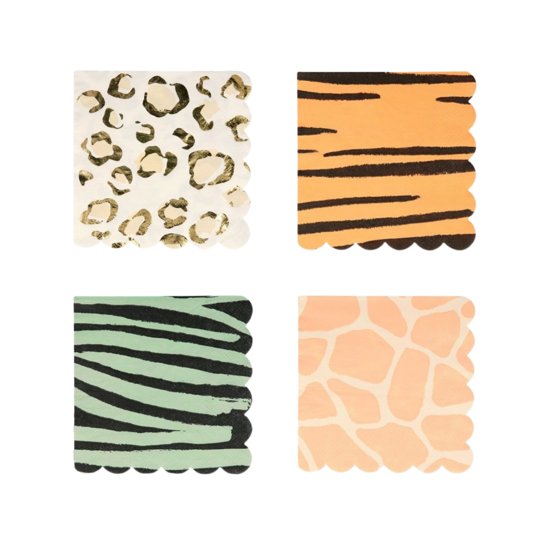 Animal print napkins with gold leopard orange tiger green zebra and peach giraffe safari theme from Parte Haus party supply store in Bethesda MD
