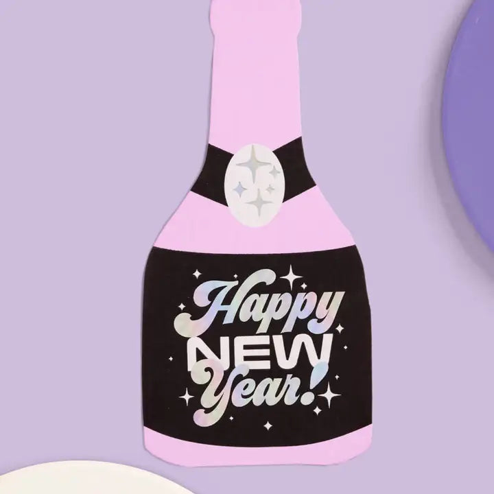 Pink bottle shaped napkin with Happy New Year text New Year theme from Parte Haus party supply store in Bethesda MD