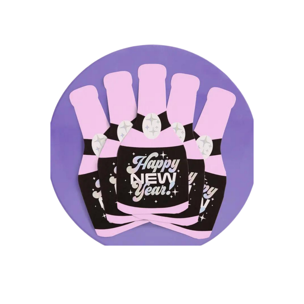 Purple champagne bottle napkins with Happy New Year text New Year theme from Parte Haus party supply store in Bethesda Maryland