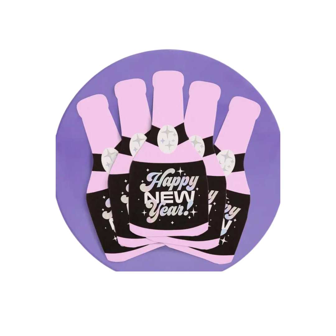 Purple champagne bottle napkins with Happy New Year text New Year theme from Parte Haus party supply store in Bethesda Maryland