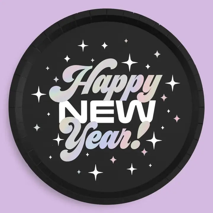 Black New Year plate with holographic Happy New Year text and sparkles from Parte Haus party supply store in Bethesda MD