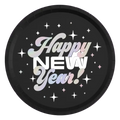 Black New Year plate with holographic Happy New Year text and sparkles from Parte Haus party supply store in Bethesda MD