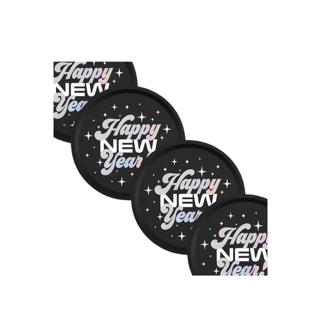Black iridescent Happy New Year plates with star pattern NYE theme from Parte Haus party supply store in Bethesda MD