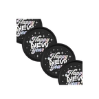 Black iridescent Happy New Year plates with star pattern NYE theme from Parte Haus party supply store in Bethesda MD