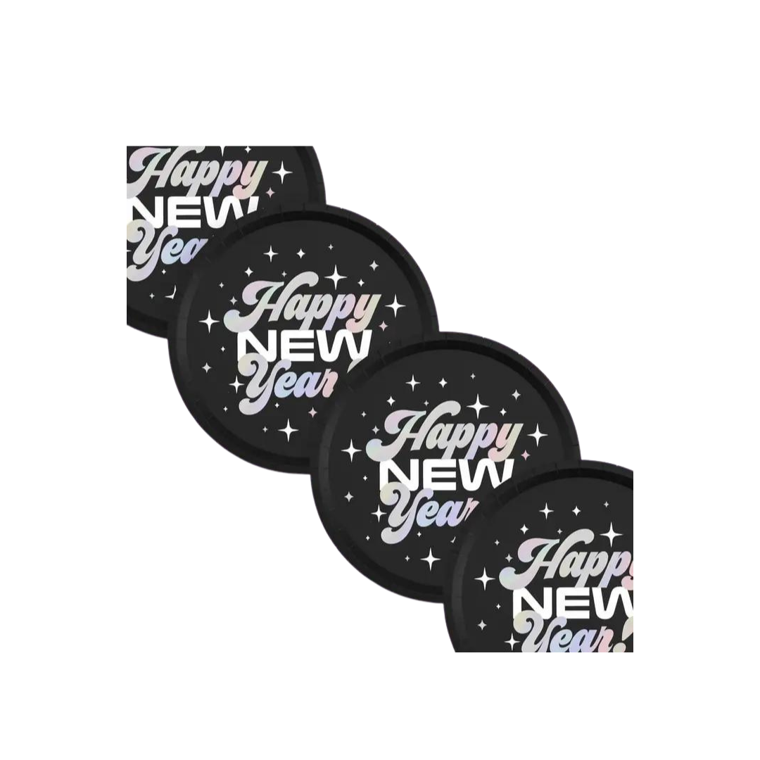 Black iridescent Happy New Year plates with star pattern NYE theme from Parte Haus party supply store in Bethesda MD