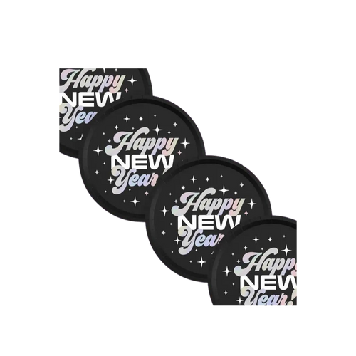 Black iridescent Happy New Year plates with star pattern NYE theme from Parte Haus party supply store in Bethesda MD