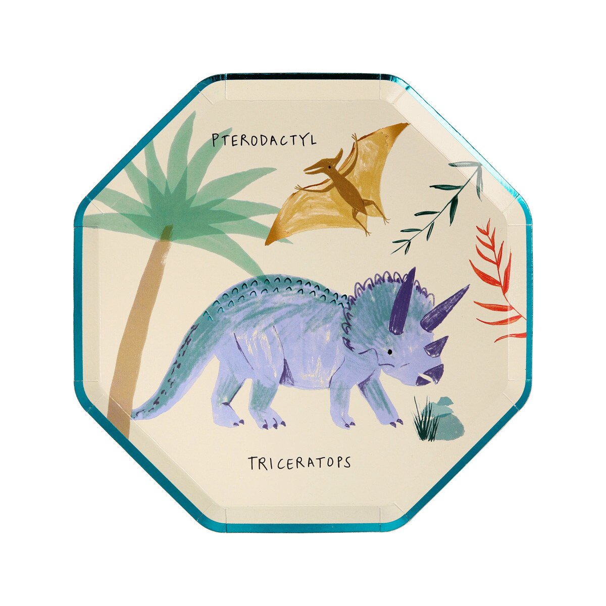 Multicolor dinosaur paper plate with triceratops and pterodactyl kids birthday from Parte Haus party supply store in Bethesda Maryland