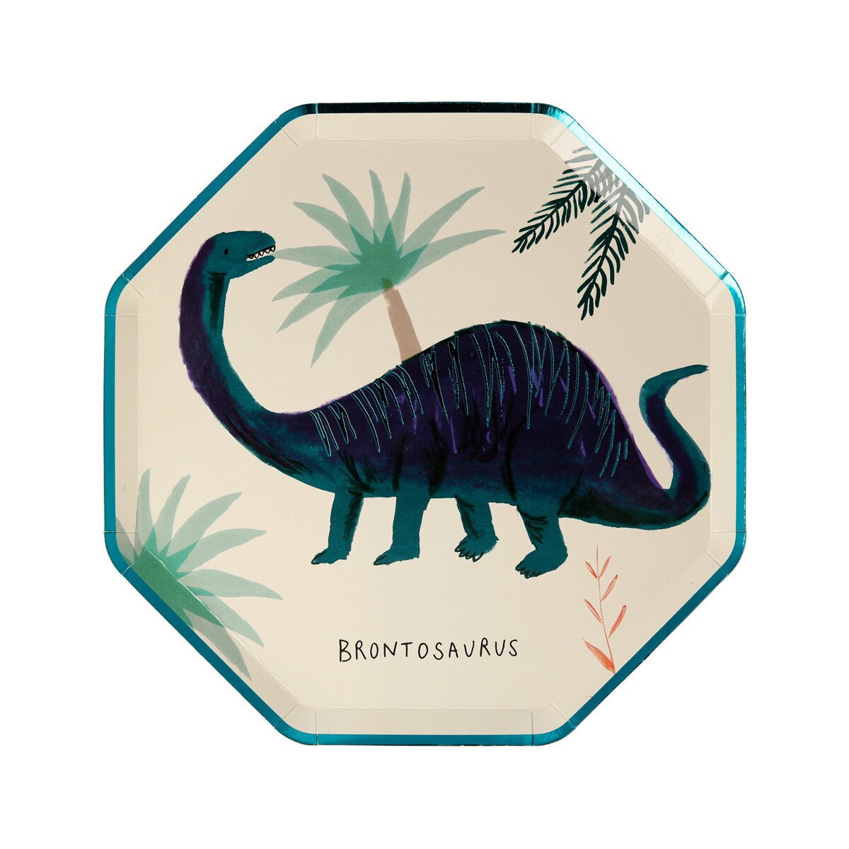 Blue brontosaurus dinosaur plate with leaves for kids birthday from Parte Haus party supply store in Bethesda Maryland