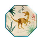 Beige dinosaur octagon plate with green leaves Jurassic party theme from Parte Haus party supply store in Bethesda MD