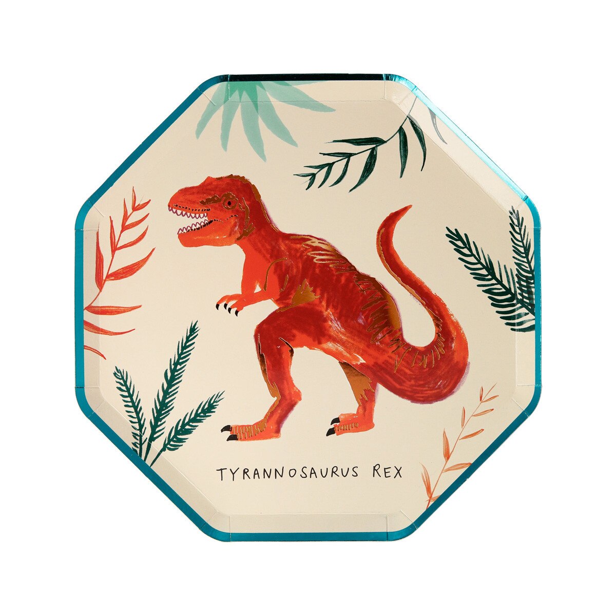 Red dinosaur plate with tropical leaves dinosaur birthday from Parte Haus party supply store in Bethesda MD