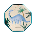 Blue dinosaur plate with leaves for kids birthday from Parte Haus party supply store in Bethesda MD