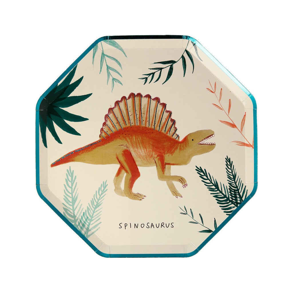Orange dinosaur paper plate with greenery for dinosaur birthday from Parte Haus party supply store in Bethesda MD
