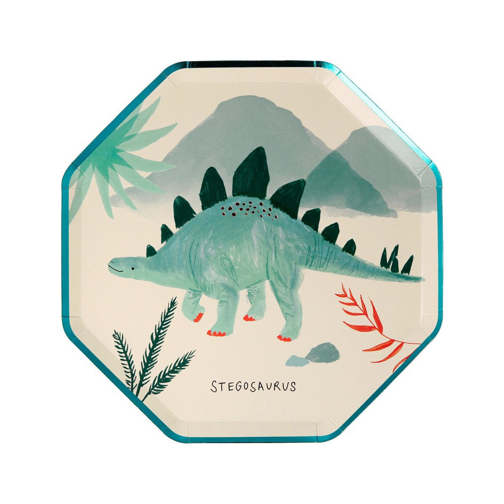 Green dinosaur plate with stegosaurus and leaf design for kids birthday from Parte Haus party supply store in Bethesda MD