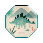 Green dinosaur plate with stegosaurus and leaf design for kids birthday from Parte Haus party supply store in Bethesda MD