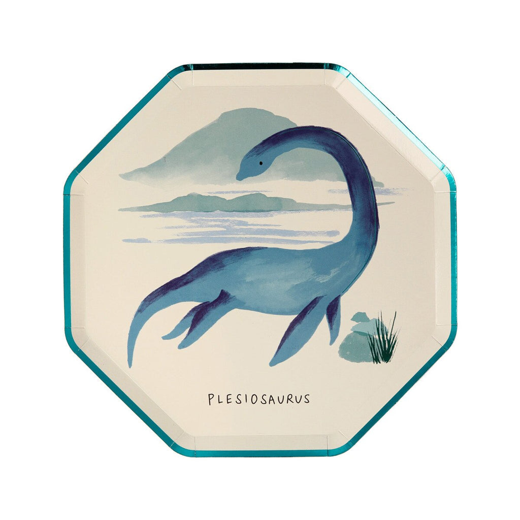 Blue dinosaur paper plate with Plesiosaurus illustration kids birthday from Parte Haus party supply store in Bethesda MD