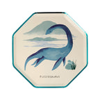 Blue dinosaur paper plate with Plesiosaurus illustration kids birthday from Parte Haus party supply store in Bethesda MD