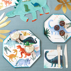 Colorful dinosaur theme dessert plates and napkins for kids birthday from Parte Haus party supply store in Bethesda Maryland